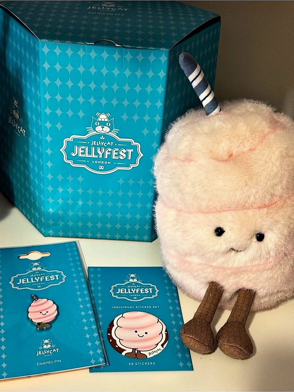 Jellycat Amuseables Kathrin Candy Floss Pink with stickers and pin
